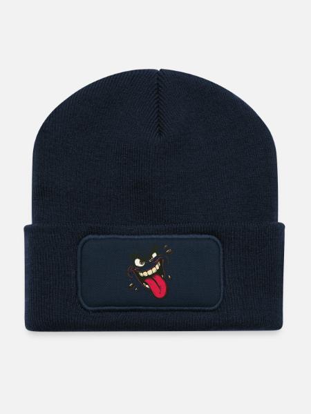 Crazy Face Cartoon – Naughty Street Art Monster - Recycled Patch Beanie - french navy