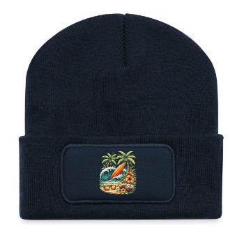 Surfbrett am Strand Illustration - Recycelte Patch Beanie - French Navy - Vorne