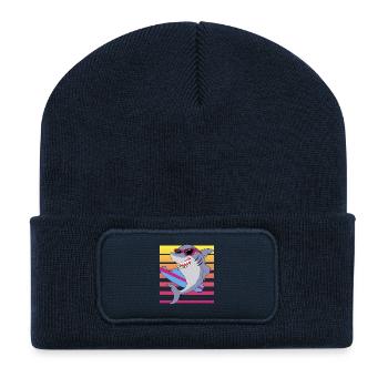 Requin surfeur rétro avec lunettes de soleil graphique - Beanie recyclé à patch - bleu marine - Devant