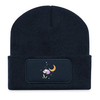 Flower with Moon Line Art Illustration - Recycled Patch Beanie - french navy - Front