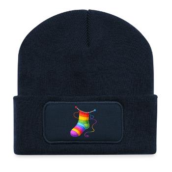 Illustration de chaussettes arc-en-ciel tricotées - Beanie recyclé à patch - bleu marine - Devant