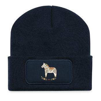 Boho Scandinavian Dala Horse Floral Folk Art Desig - Recycled Patch Beanie - french navy - Front