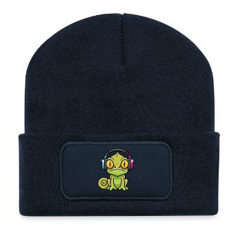 Baby Chameleon Headphones Cartoon Music - Recycled Patch Beanie - french navy - Front