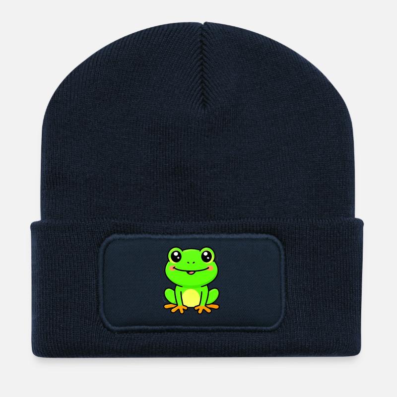Bright Lime Frog Charm - Recycled Patch Beanie - french navy