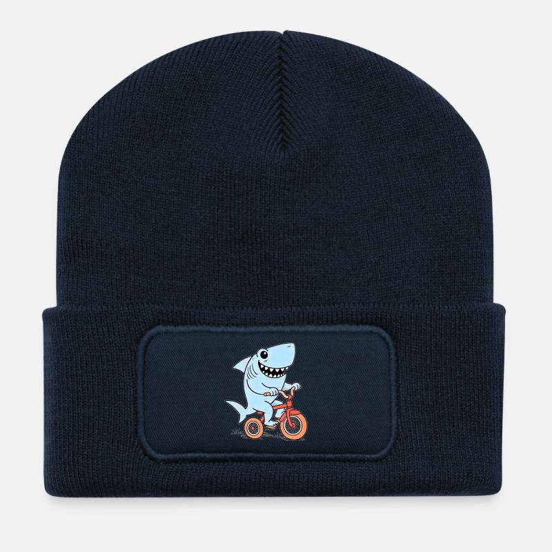 Blauer Hai auf Fahrrad - Recycelte Patch Beanie - French Navy
