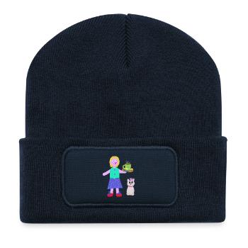 Cheerful Girl Coffee Praline Cat - Recycled Patch Beanie - french navy - Front