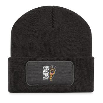 Wohin gehst du? Hund blickt hinaus - Recycelte Patch Beanie - Dunkelgrau - Vorne