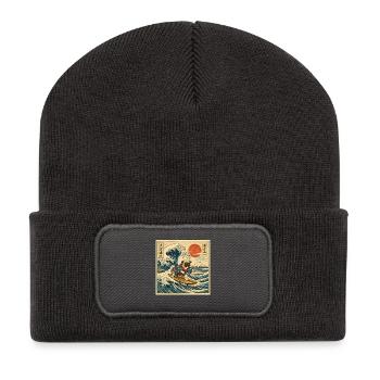 Japanese Kanagawa Wave Funny Surf Pug Dog - Recycled Patch Beanie - dark grey - Front