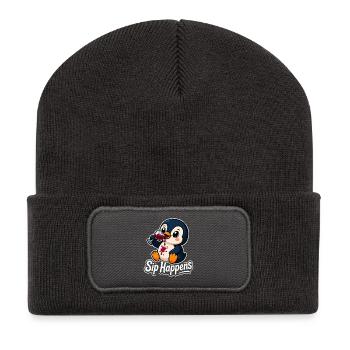 Mignon, Pingouin Dessin Animé, Amateur de Vin, Verre de vin rouge - Beanie recyclé à patch - charbon - Devant