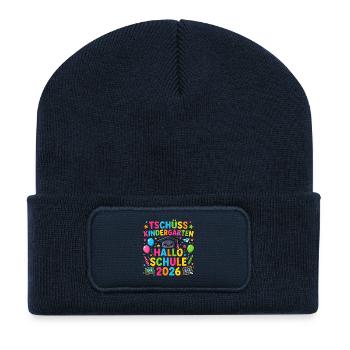 Tschüss Kindergarten Hallo Schule 2026 Einschulung - Recycelte Patch Beanie - French Navy - Vorne
