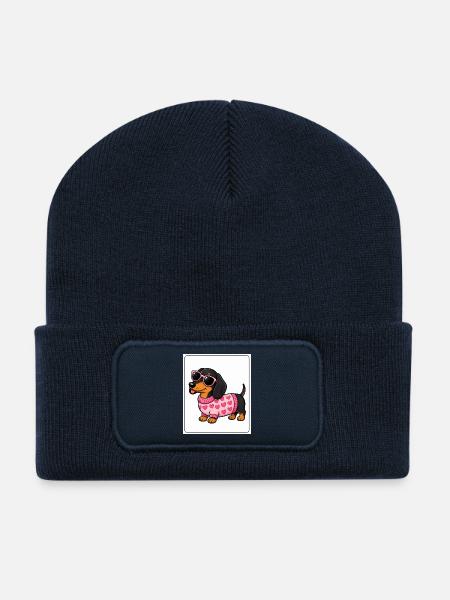 Dachshund Hearts Pink Glasses - Recycled Patch Beanie - french navy