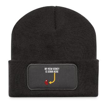 Meine neue Niere ist hier unten - Recycelte Patch Beanie - Dunkelgrau - Vorne
