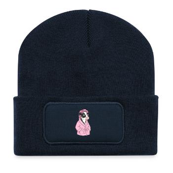 Vache en peignoir rose avec des boucles - Beanie recyclé à patch - bleu marine - Devant