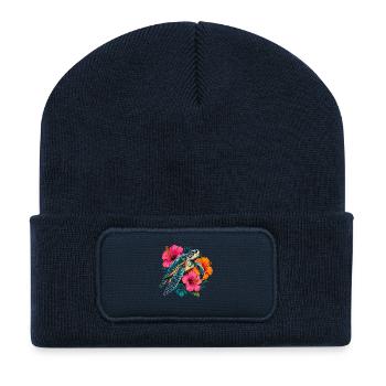 Tortue dans le design des fleurs tropicales - Beanie recyclé à patch - bleu marine - Devant