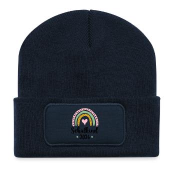 Schulkind 2026 Einschulung Mädchen Regenbogen - Recycelte Patch Beanie - French Navy - Vorne
