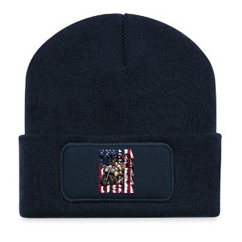  USA Huhn Motorrad Too Free To Care Lustiger - Recycelte Patch Beanie - French Navy - Vorne