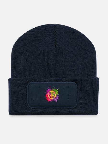 Peace Zeichen Hippie Splash – Flower Power - Recycelte Patch Beanie - French Navy