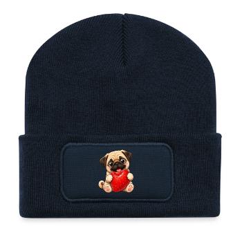 Süßer Mops im Sommer mit Erdbeeren Cartoon - Recycelte Patch Beanie - French Navy - Vorne