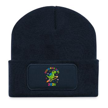 Schulkind 2026 Dino T-Rex Einschulung - Recycelte Patch Beanie - French Navy - Vorne