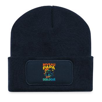 Papa-Level freigeschalteter werdender Vater - Recycelte Patch Beanie - French Navy - Vorne