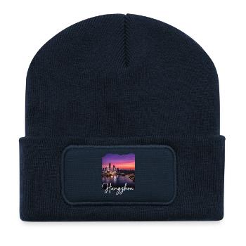 Hangzhou Abendlicht Skyline Druck - Recycelte Patch Beanie - French Navy - Vorne