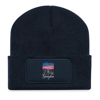 Shenzhen Skyline Abendlicht - Recycelte Patch Beanie - French Navy - Vorne