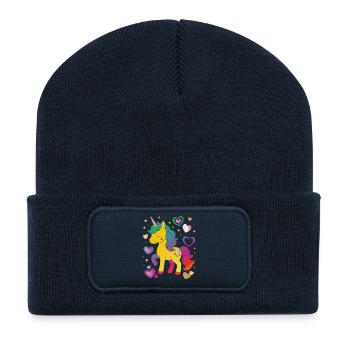 Niedliches Einhorn mit Herzen Design - Recycelte Patch Beanie - French Navy - Vorne