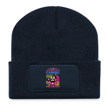 Gamer Gaming Cat Ramen Video Game - Recycled Patch Beanie - french navy - Front