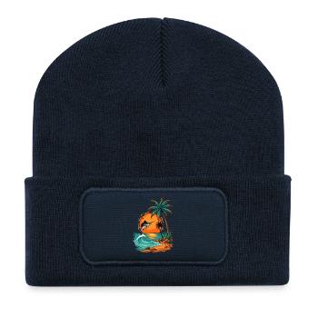 Jumping Fish at Tropical Sunset Palm Sea Beach - Recycled Patch Beanie - french navy - Front