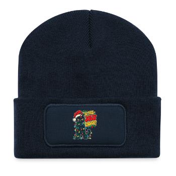Grimmiger Weihnachtskater mit Lichtern - Recycelte Patch Beanie - French Navy - Vorne
