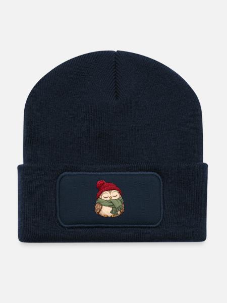 Wintereule im Schal - Recycelte Patch Beanie - French Navy
