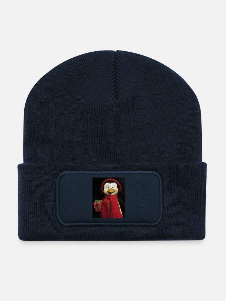 Pinguin mit Hut, Schal und Geschenk - Recycelte Patch Beanie - French Navy