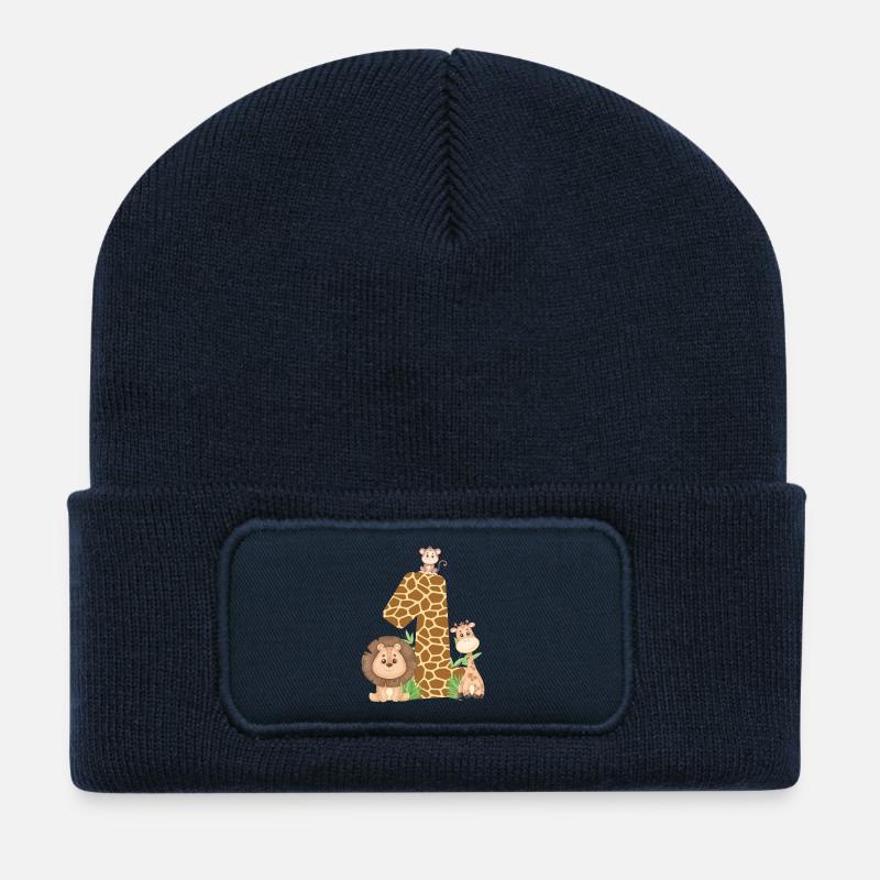1. Geburtstag Dschungeltiere Giraffe Löwe Affe - Recycelte Patch Beanie - French Navy