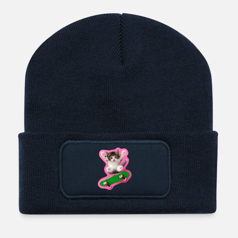 Cheerful skater kitty with green skateboard - Recycled Patch Beanie - french navy