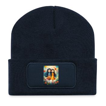 Lächelnde Mädchen mit Blumendekor - Recycelte Patch Beanie - French Navy - Vorne