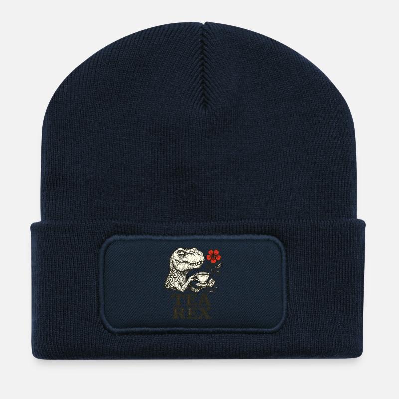 Dinosaurier mit Tee und Blumenakzent - Recycelte Patch Beanie - French Navy