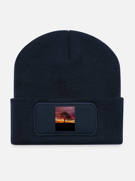 Colourful Sunrise Sky lonely Tree silhouette - Recycled Patch Beanie - french navy