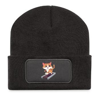 Katze, Laufband, Sport, Gym, Fitness - Recycelte Patch Beanie - Dunkelgrau - Vorne