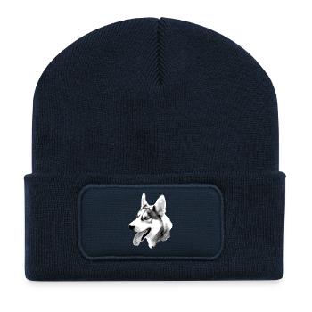 Dessin de contraste de tête de husky - Beanie recyclé à patch - bleu marine - Devant