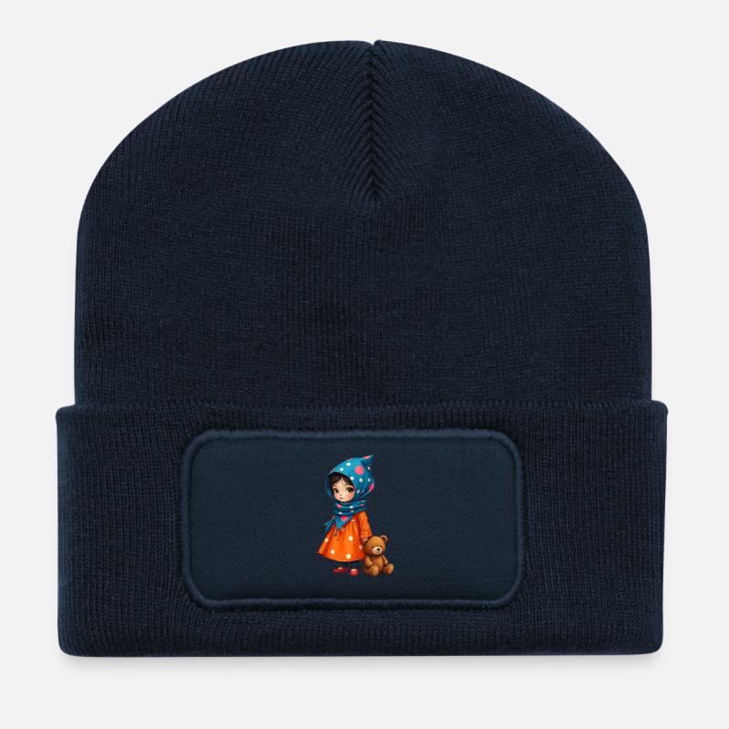 Polka Dot Girl and Bear - Recycled Patch Beanie - french navy