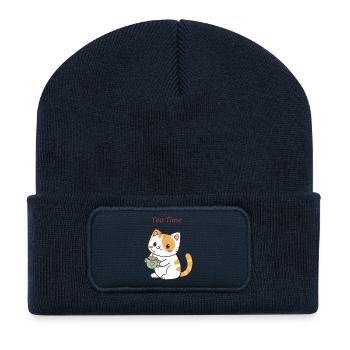 Katzentee-Zeit süß - Recycelte Patch Beanie - French Navy - Vorne