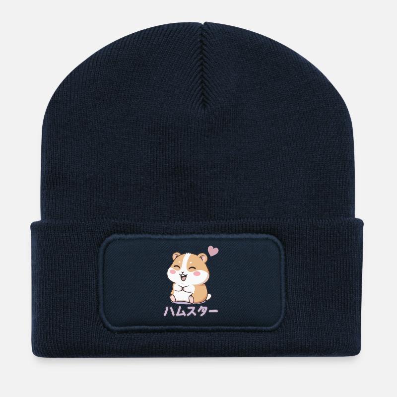 Bonheur du cœur du hamster de Kawaii - Beanie recyclé à patch - bleu marine