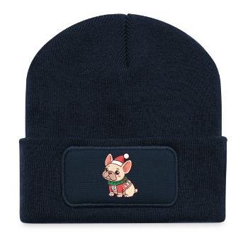 Bulldog Christmas Dog Santa Drawing - Recycled Patch Beanie - french navy - Front