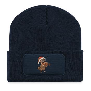Un oiseau émeu de Noël jouant du violon - Beanie recyclé à patch - bleu marine - Devant