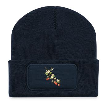 Illustration de branche de fraise avec fleurs - Beanie recyclé à patch - bleu marine - Devant