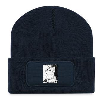 Katzen-Skizzenstück Schwarzweiß - Recycelte Patch Beanie - French Navy - Vorne