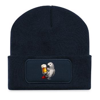 Bière perroquet gris d’Afrique - Beanie recyclé à patch - bleu marine - Devant