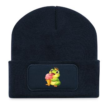Mignon roi grenouille avec de la glace - Beanie recyclé à patch - bleu marine - Devant