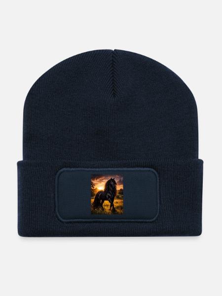 Evening Light Black Horse - Recycled Patch Beanie - french navy