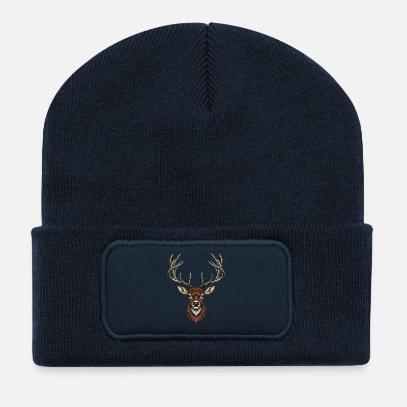 Gravure vintage de tête de cerf - Beanie recyclé à patch - bleu marine